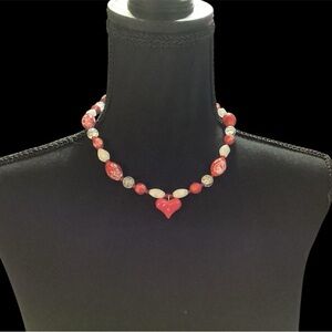 HAND MADE HANDCRAFTED RED & WHITE GLASS BEAD NECKLACE & EARRINGS GREAT GIFT